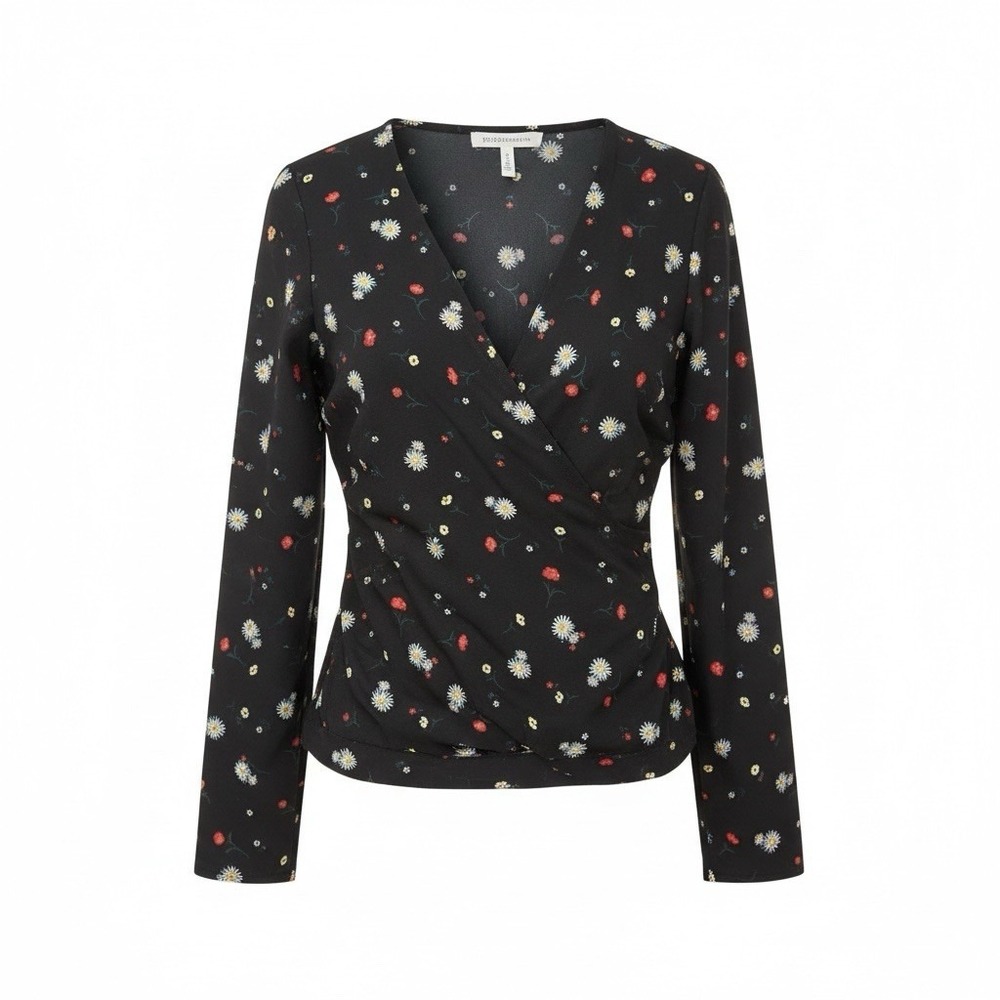 BCBGeneration Blouse Women‎ Small Black Floral Surplice Top Feminine Romantic